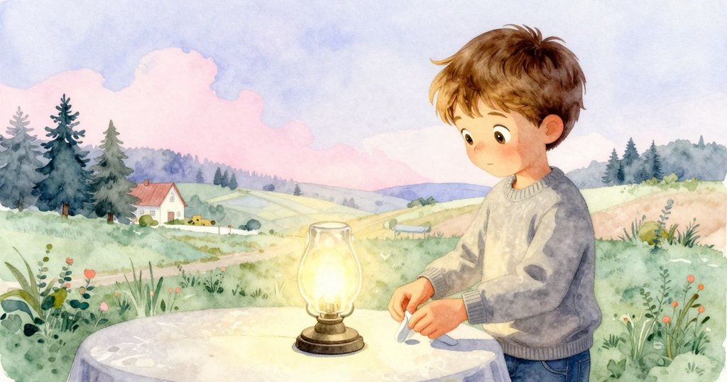 溫斯頓平靜地清理桌面，燈光穩定發出柔和金光，窗外鄉村光線斜照，象徵解決與寧靜