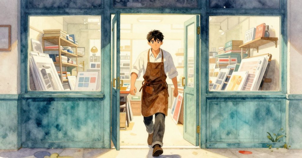 Troy 穿越開放印刷所的門口，晨光柔和灑入室內，背景有懸掛的乾燥布與印刷機，展現新一天開始。