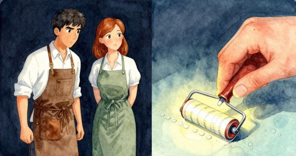 Troy 的手在印刷機上調整金屬固定器，近距離展示濃厚油墨與錯誤字母細節，燈光溫暖且細緻。