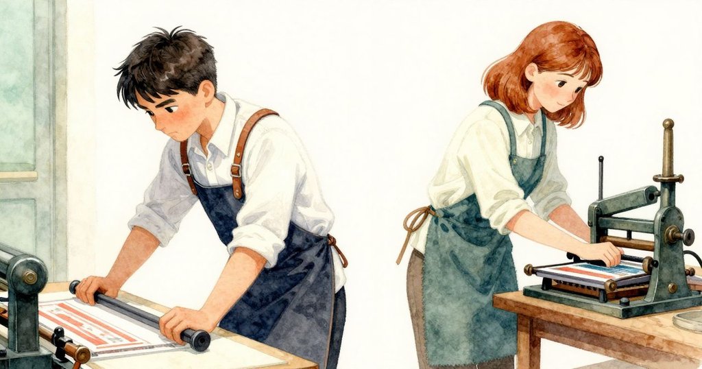 Freya 靠在鐵杠杆上審視印刷行，Troy 同時調整印刷機器，雙面場景展現合作與細致檢查的情形。