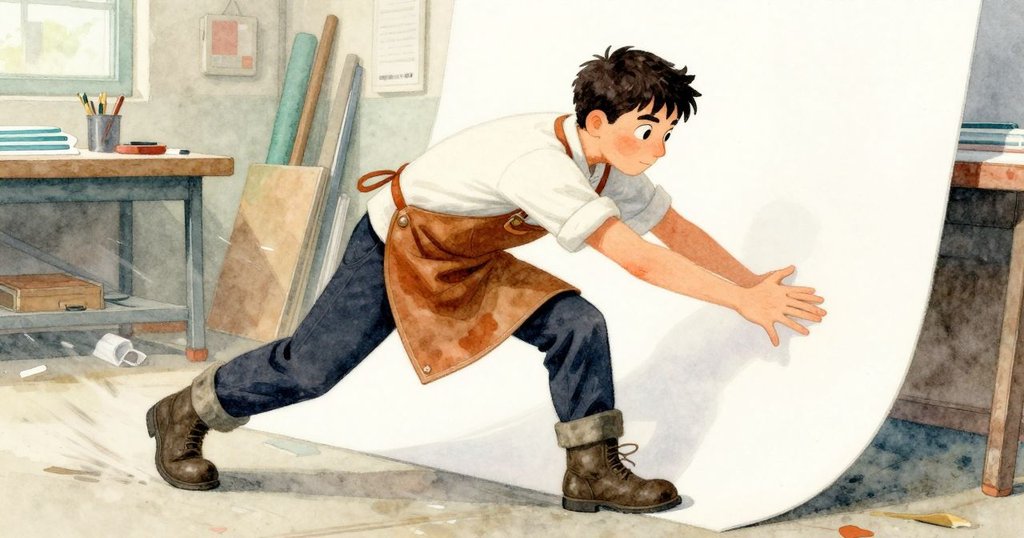 Troy 快速用靴子踢開掉落的印刷頁，背景中新紙張正進入機器，他的動作迅捷，工作間充滿活力。