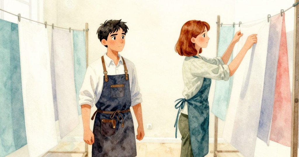 Troy 離開印刷工作間，背景中掛滿風乾紙張，Freya 微笑致意，場景溫馨靜謐，象徵一天工作的圓滿落幕。