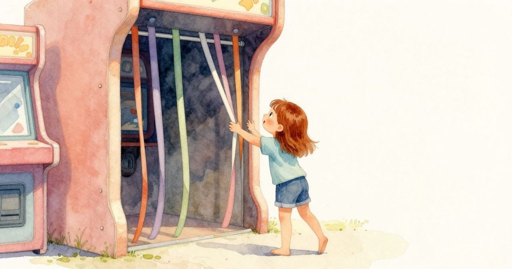 莉奧拉在街機入口伸手拉扯懸掛的塑膠條，金幣氣息瀰漫，柔和燈光營造出期待與好奇的氛圍