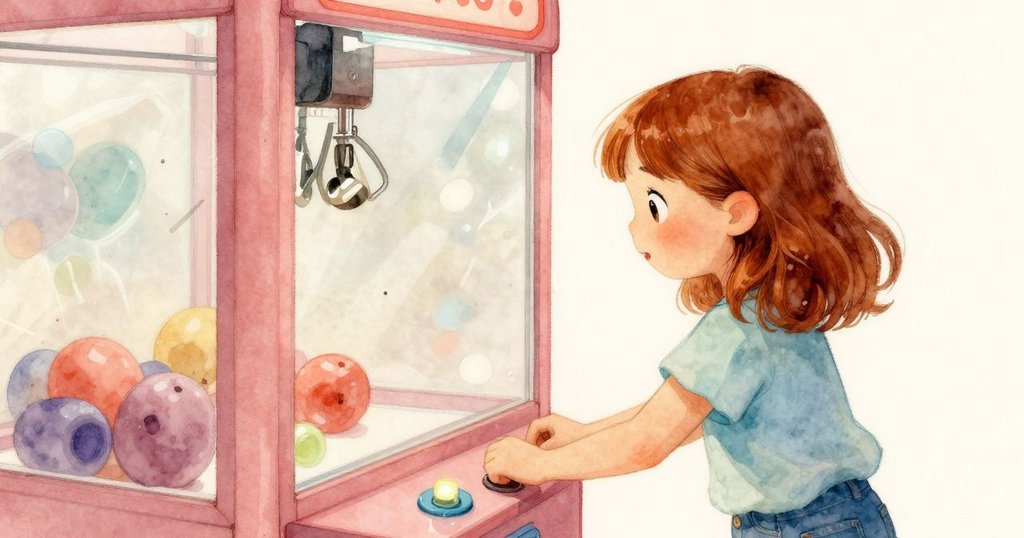 從莉奧拉肩後視角觀察抓娃娃機中絢麗變化的LED燈光，玩具反射出溫馨氛圍，展現操作時的專注神情