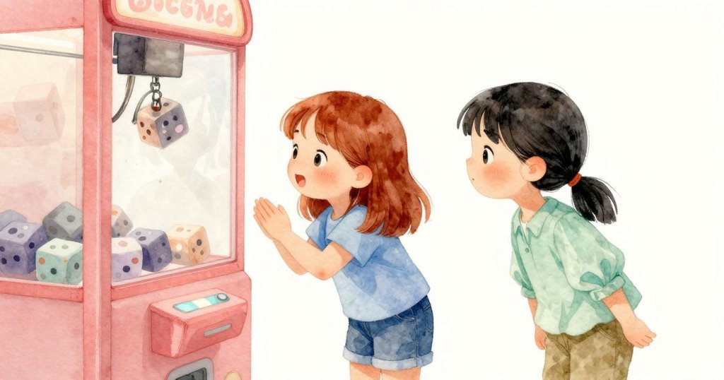 莉奧拉與艾莉絲一起注視抓娃娃機中軟綿立方體落下，兩人驚喜表情流露共享發現的時刻