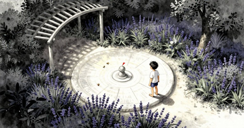 雷恩走在庭園中, 從高空俯視, 涼爽樹蔭下有日晷、薰衣草和蜜蜂飛舞, 氣氛充滿期待與生機