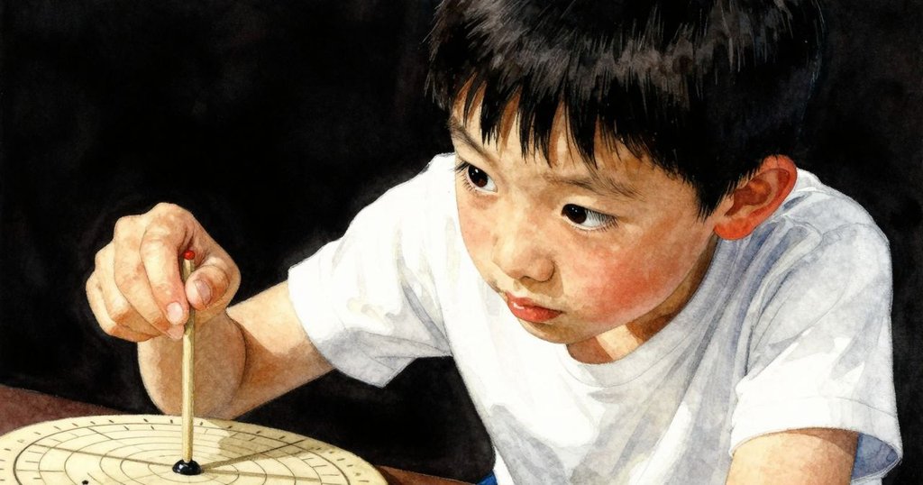 雷恩特寫眼神專注, 握著光滑雪松棒, 神情堅定, 靠近日晷, 細節呈現明與暗的對比