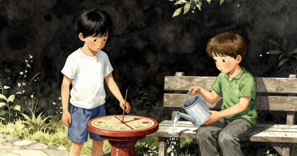 雷恩敲擊日晷, 諾蘭坐在木椅上輕灑水珠, 兩個動作同步展現, 氣氛靜謐而協調