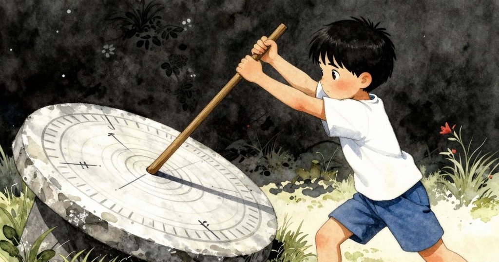 雷恩奮力揮動雪松棒, 嘗試在日晷上留下標記, 臉上掩飾著挫敗與堅持, 手上沾有細小石塵