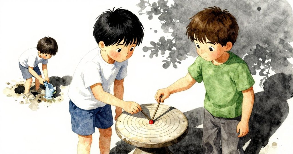 雷恩靜靜放下雪松棒, 細看日晷上青銅與石材交界, 諾蘭在背景灑水, 花園回復明亮, 氣氛圓滿而安寧