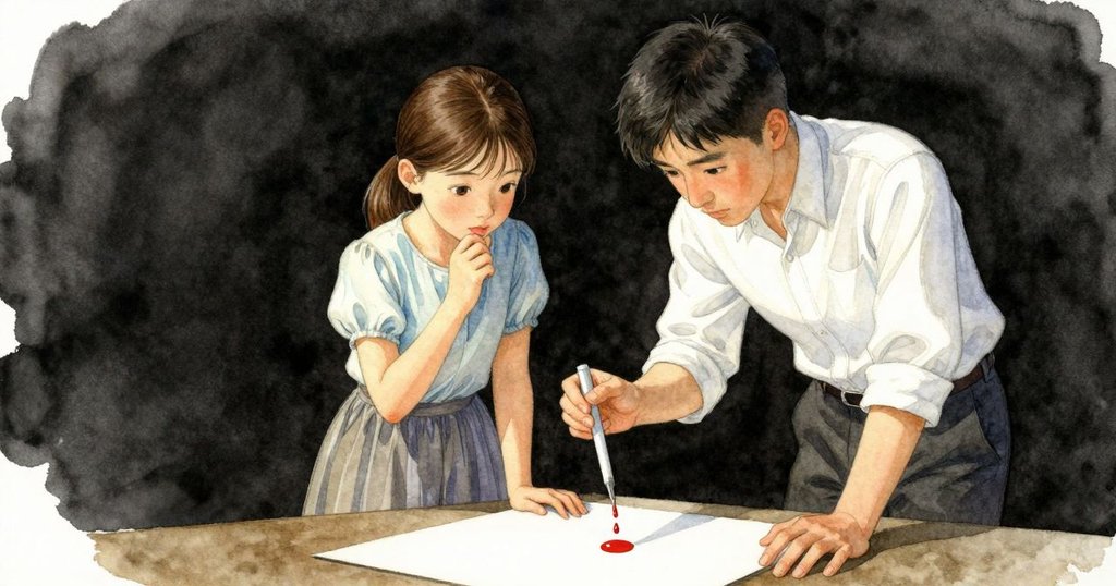 細緻近拍中,管滴釋放柑橘香精於紙條上形成不均光環,呈現實驗過程的細節發展