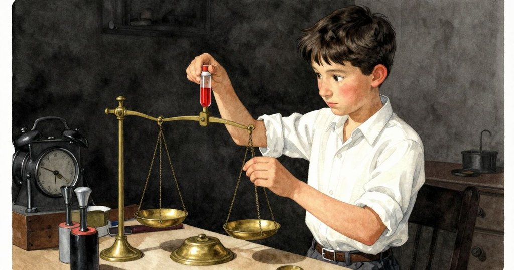 澤克專注調整古銅秤,手中握著小瓶,背景中時鐘與風扇緩慢節拍,展開實驗進程