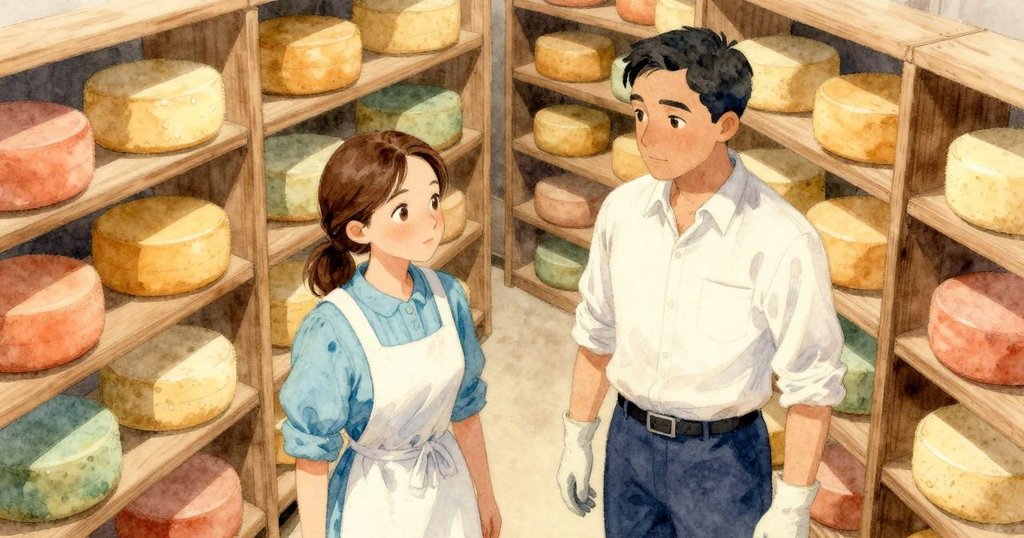 史黛拉與約里克在溫暖奶酪地窖中工作，從上方俯瞰擺放整齊的奶酪輪，氣氛寧靜