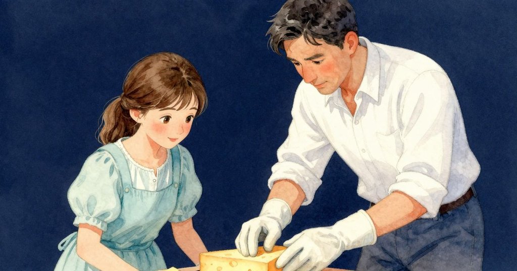 史黛拉觸摸奶酪表面的細膩紋路，約里克用木槌輕敲另一塊奶酪，動作專注形成對比