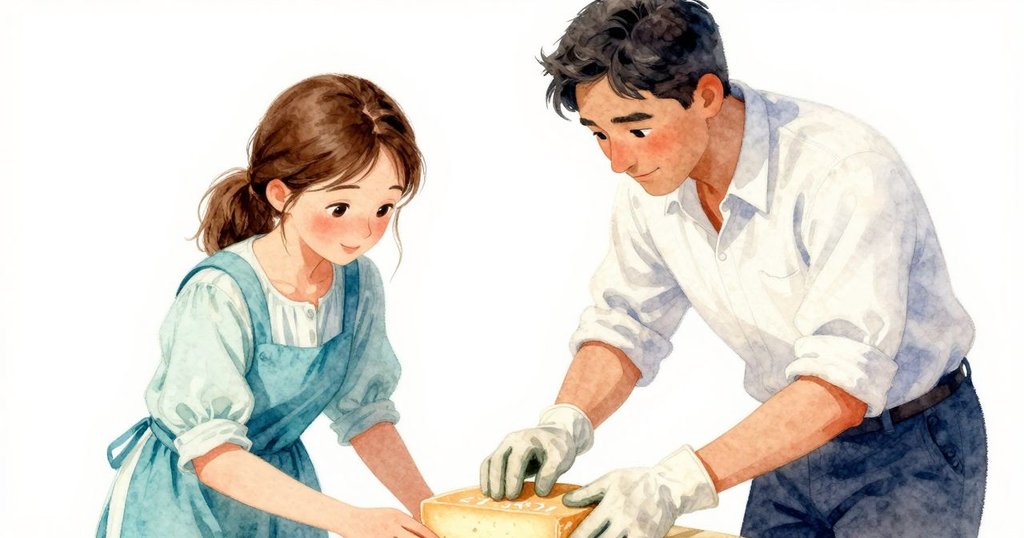 透過第一人稱視角，史黛拉輕拂奶酪表面，露出粉筆日期與微光縫隙，細節豐富溫暖