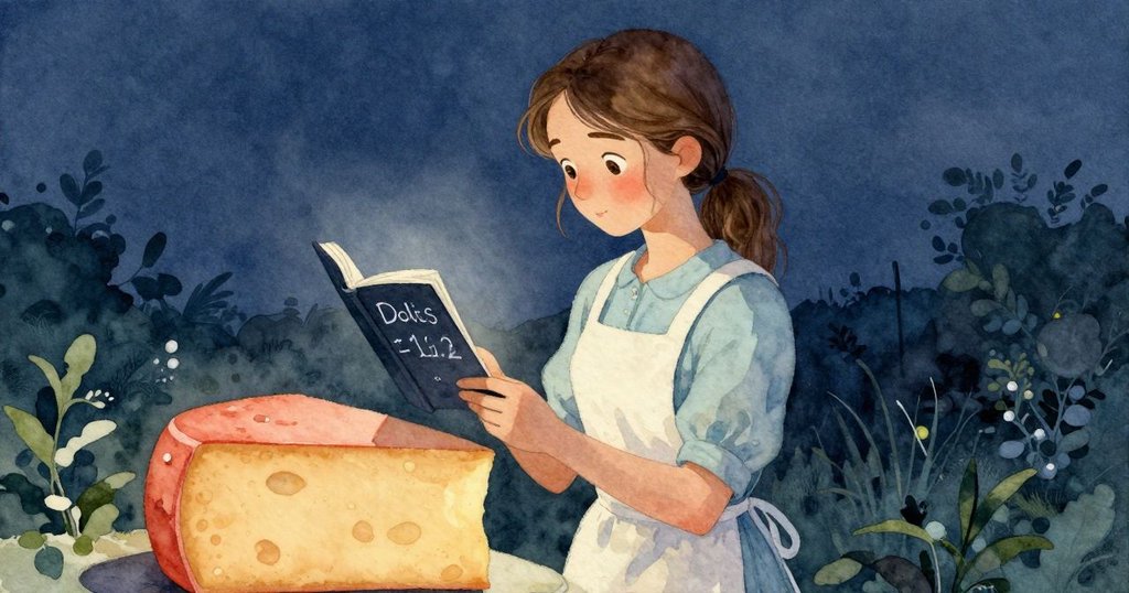 在柔和暮光中，史黛拉專注地將奶酪豎立，閱讀粉筆日期，場景充滿寧靜溫暖的變化