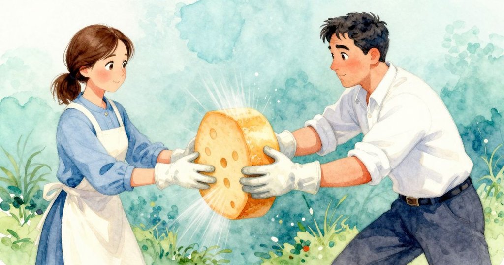 當奶酪發出意外敲擊，史黛拉與約里克迅速合力托起奶酪，展示出驚奇與團結的動態瞬間