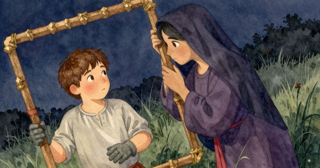 菲比站在田野邊緣凝視奧黛特傾動蜂巢框架,展現好奇與神秘氛圍,蜜蜂喧囂隱現其間。