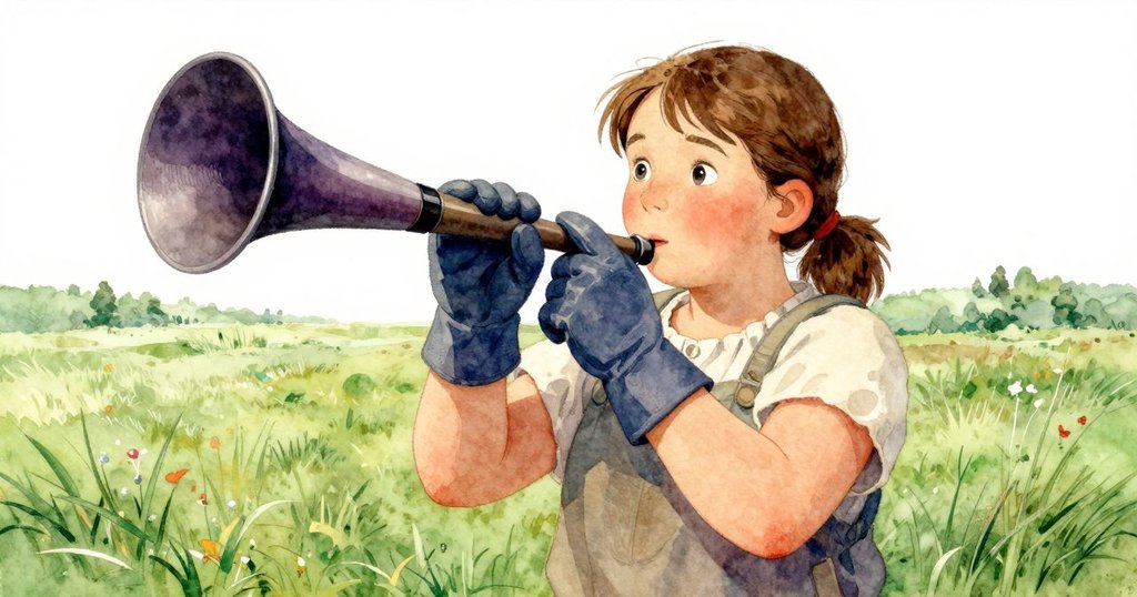 菲比緊握抽煙手風琴,站在開闊的田野空間中,眼神關切,旁邊蜂巢框架靜靜擺動。