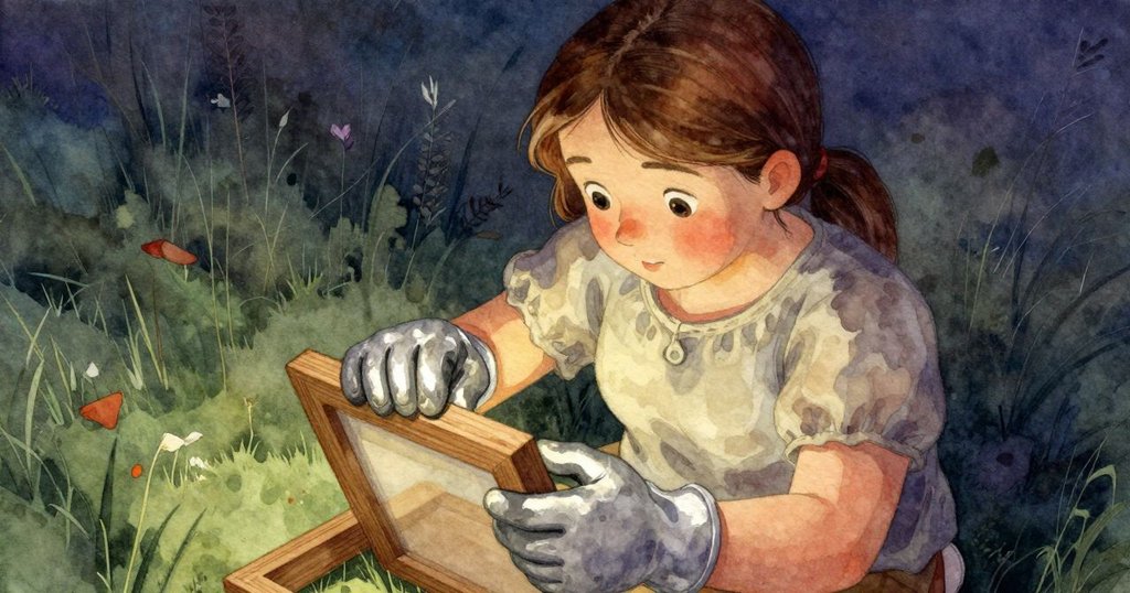 菲比俯視田野中傾動的蜂巢框架,握緊手風琴,神情認真,展現探索機械奧秘的時刻。