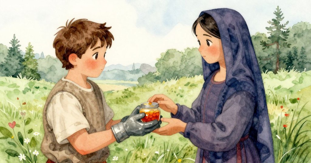 奧黛特與菲比在田野中互動交換樹脂罐,溫柔表情充滿默契與好奇,背景蜂巢若隱若現。