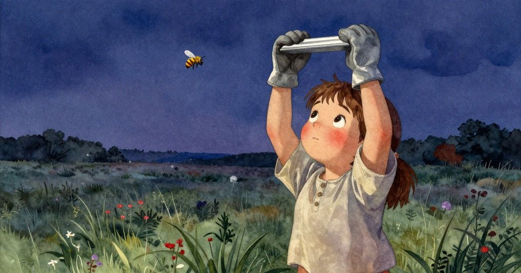 菲比擡起蜂巢框架迎向微光,蜜蜂在蠟邊飛舞,田野微涼中流露出深思與期待,結局充滿詩意。