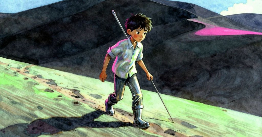 Pierce 正走下小徑進入風向沙丘，腳步輕觸柔軟沙粒，背景明亮且充滿未來感色彩