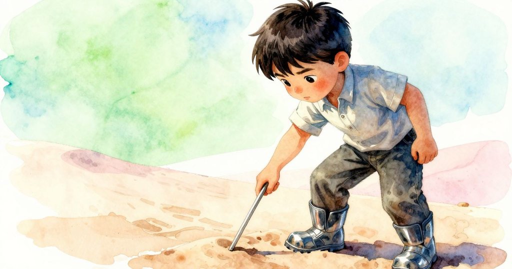 Pierce 正用手指輕觸細長標尺敲击沙丘，特寫展現沙粒細膩質感與空曠背景