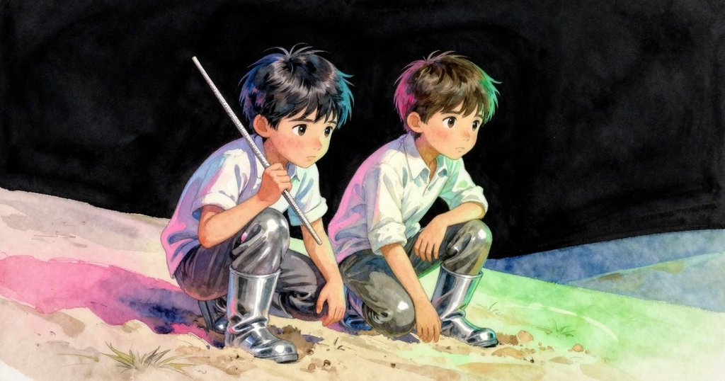 Pierce 蹲下調整標尺並靜聽，現實沙粒與夢幻般閃爍的沙紋交織出神秘氛圍