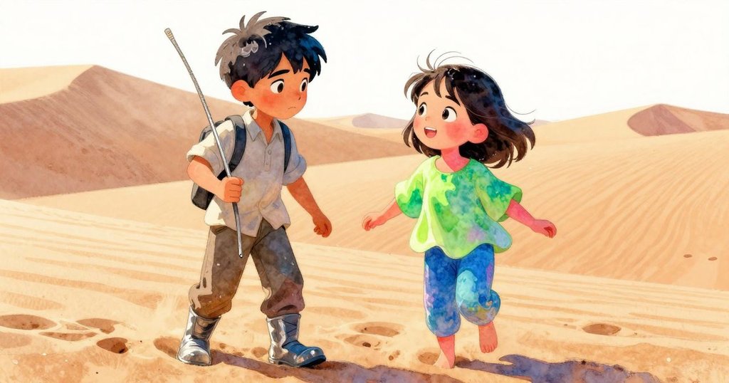 Pia 在沙丘上愉快呼喚，Pierce 與其共同欣賞沙粒飛舞，臉上洋溢驚奇與喜悅