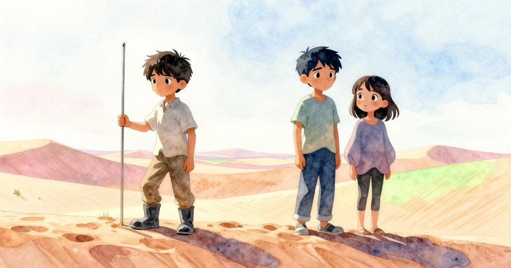 Pierce 與 Pia 在廣闊沙丘上重聚, Pierce 重複敲擊標尺, 背景沙浪復原，兩人臉上流露出寧靜與和諧