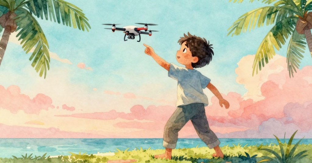 Yves從低角度操控無人機遙控器,動作敏捷且專注,無人機在明亮的戶外天空中上升,背景有自然植被