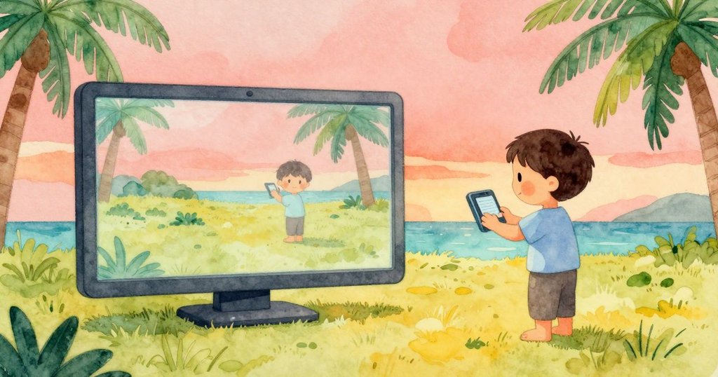 Yves調整裝置觀察數位與真實景象分屏顯示,數位畫面中呈現雲杉和蜿蜒河流,旁邊是一片原始粉紅空地,情景充滿探索意味