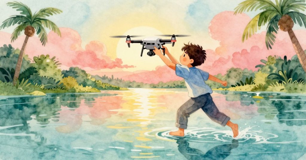 Yves操作無人機,動作流暢且充滿活力,背景中閃光的河面映襯著動態自然風景,氣氛輕盈