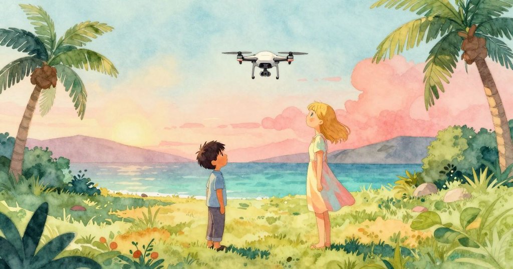 Yves放下遙控器,Farrah輕合筆記本,無人機懸停注視粉紅空地,溫暖的傍晚氛圍中充滿沉思與告別