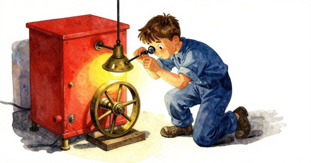 男士Ned在傾斜視角下於工作室裡調整黃銅齒輪，手持放大鏡，燈光映照下展現專注神情與細緻工具。