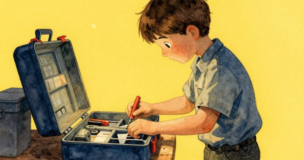 男士Ned在近距離鏡頭下打開木製抽屜檢查精密工具，背景中木尺和櫥櫃悄然現出，氛圍溫暖細緻。