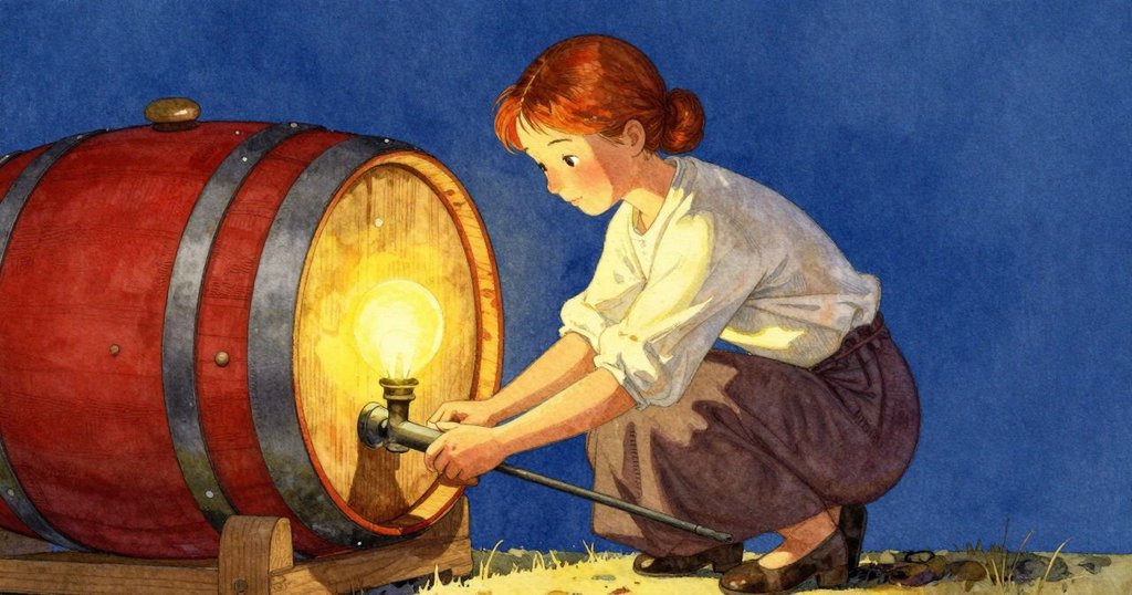 女仕Orla以低角度鏡頭呈現，在工作檯前蹲下穩定機械部件，表情堅定，燈光映襯下充滿溫馨氛圍。