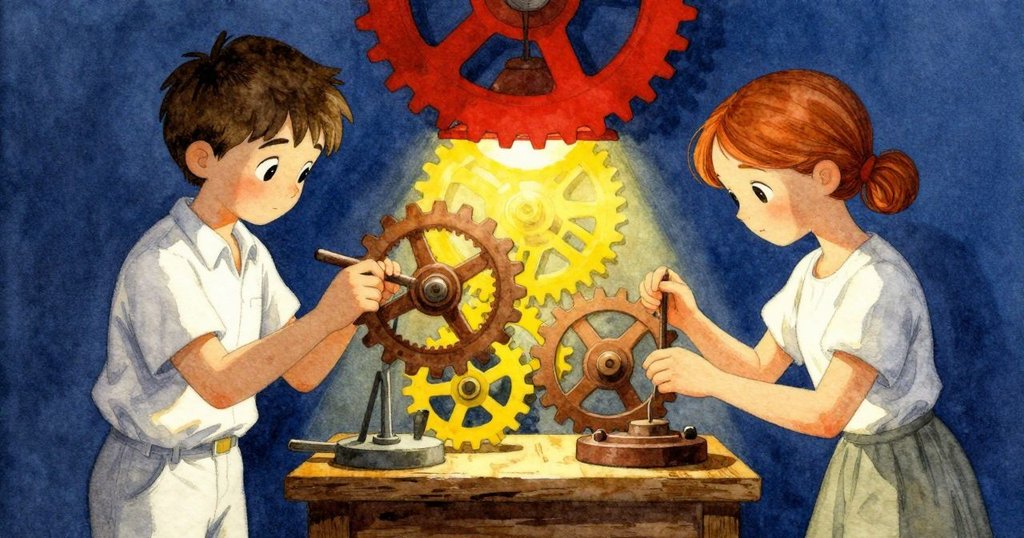男士Ned與女仕Orla在工作室中呈現雙重現實，一側細密齒輪舞動，一側專注修理，情緒融合精密與奇幻。