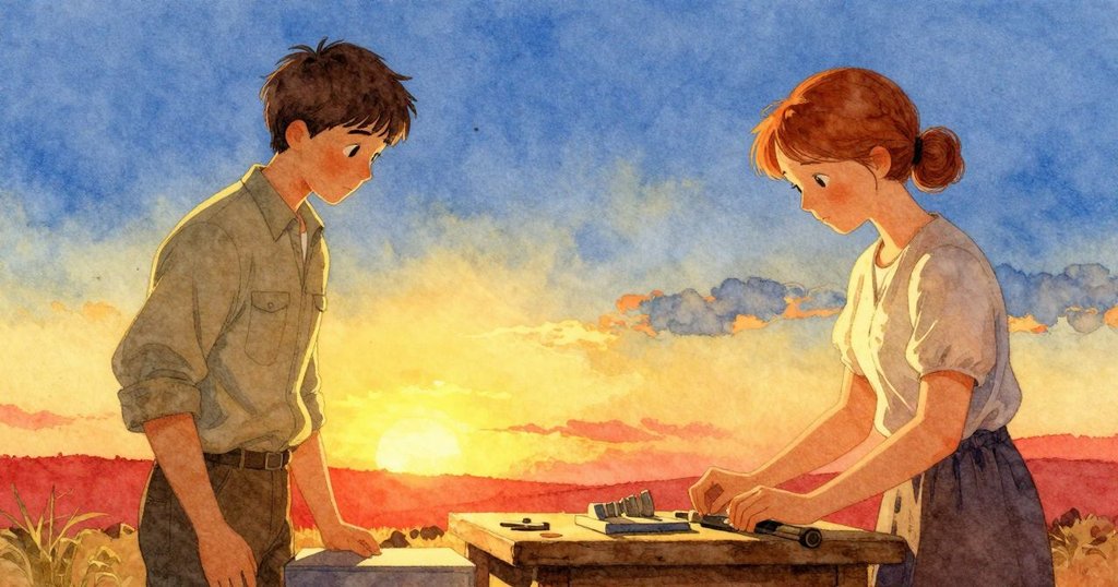 男士Ned與女仕Orla在夕陽餘暉中於工房內共享寧靜時刻，齒輪穩定跳動，氛圍溫暖平和。