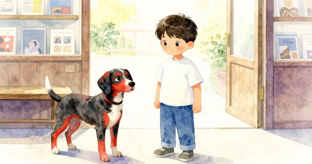 Kit走進晨光柔和的印刷店，旁邊獵犬輕觸木板，現場充滿寧靜溫暖氣息，氛圍平和