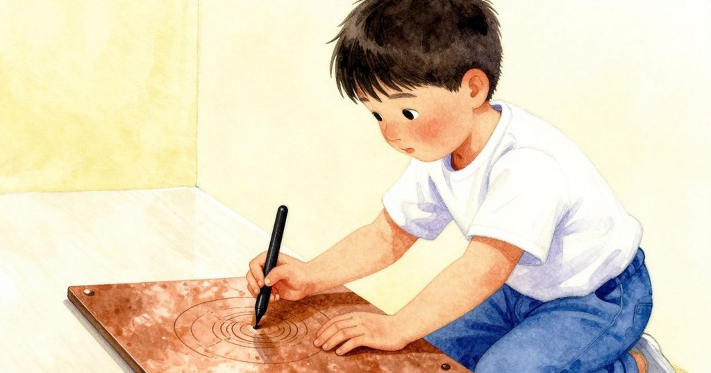 從Kit背後看去，他正專注操作雕刻工具在銅板上，融合舊時線條與新曲線，呈現微妙時光交疊