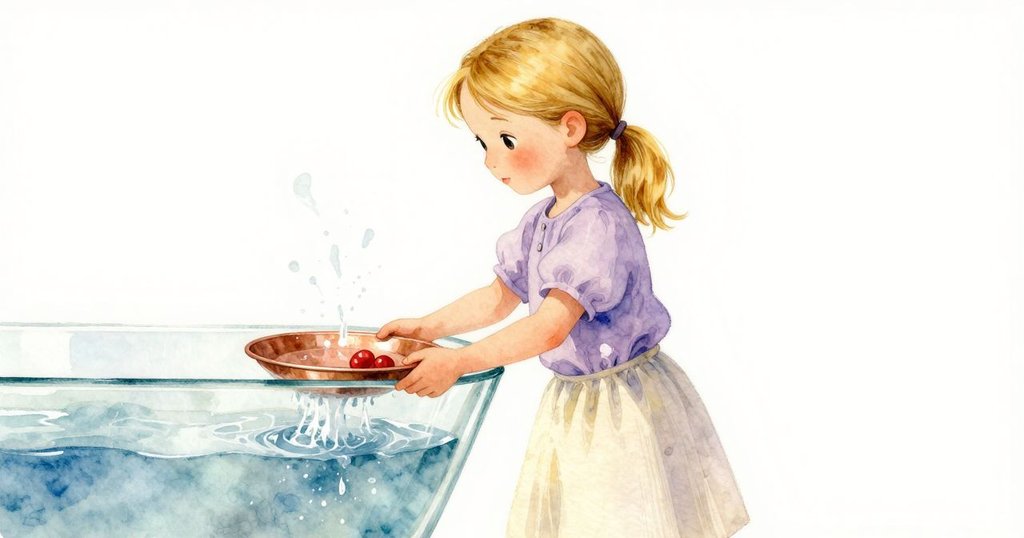 Gwen戴著手套輕提銅板，走向玻璃浴缸，水流與酸液交織出迷人光影，表情專注而穩重