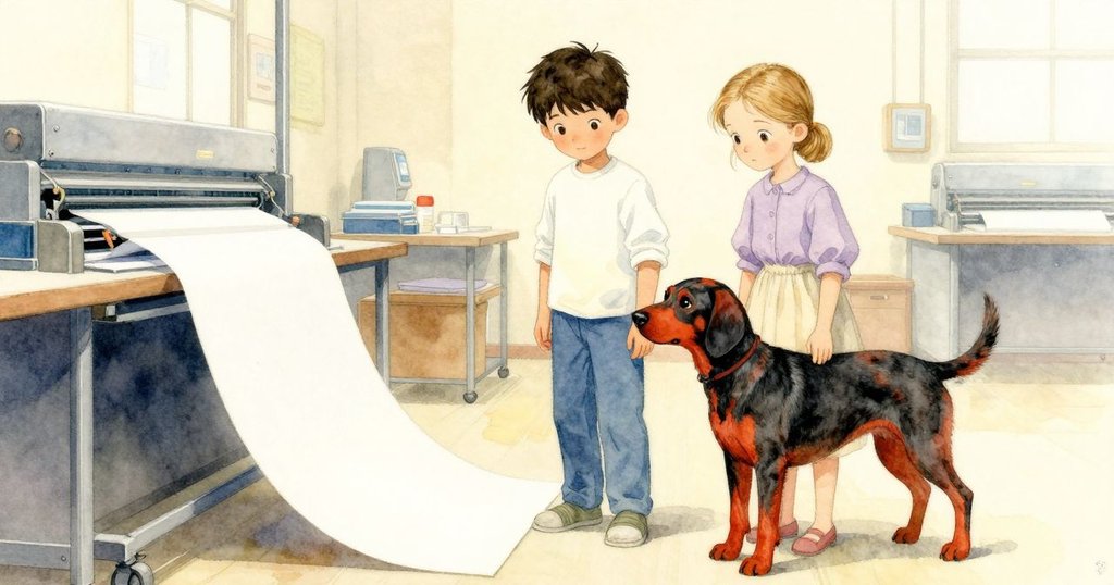 印刷機轉動釋出印著天際線的紙張，Kit與Gwen相視點頭，獵犬靜立傾聽，整體氛圍圓融舒緩