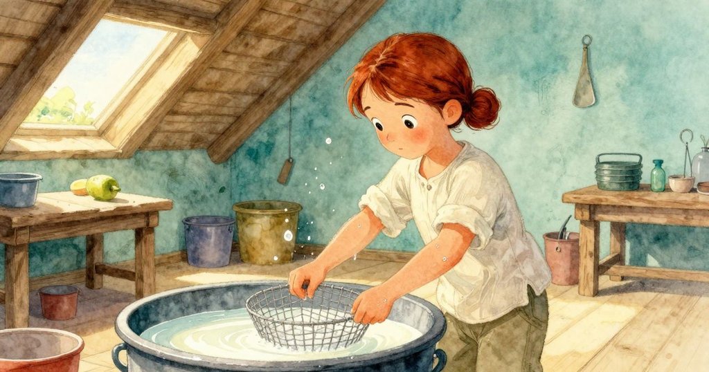 薩莉亞正在工作，將金屬網框輕緩放入乳白色的大缸中，陽光透過高窗，展現動感與溫暖氛圍