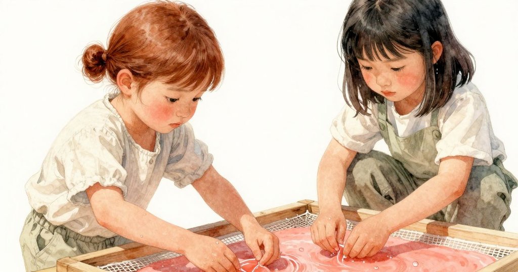 手部特寫，展現細膩網框上附著的乳白纖維和落下的水滴，呈現薩莉亞認真檢查細節的神情