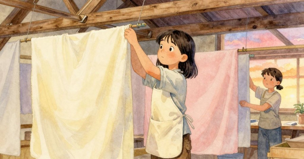 凱伊正忙著把新布掛上屋頂的桿子，從旁觀察薩莉亞的工作，暖光映照下，環境靜謐而富有協作感