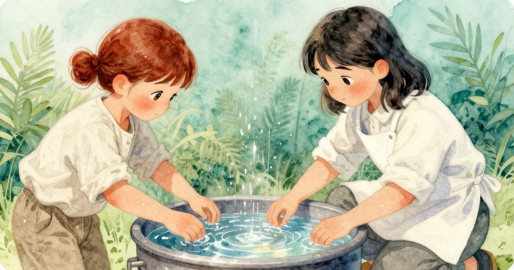 工作室內，缸中水面呈現破碎玻璃般的光影，細膩反射與懸浮機械聲伴隨著自然的啁啾