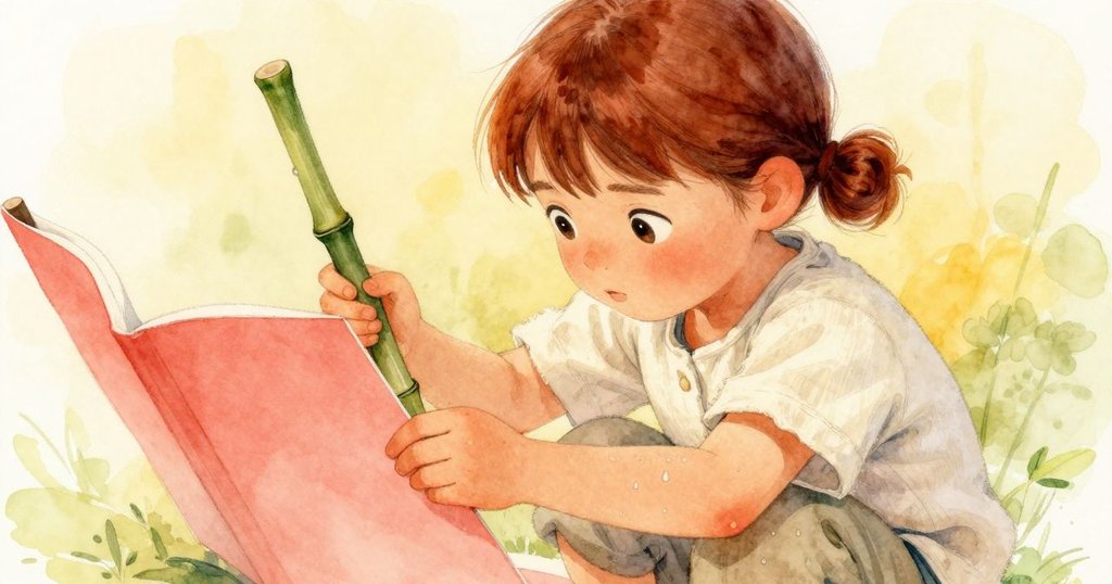 薩莉亞特寫鏡頭中表露出猶豫與決心，一手持竹棒，正專注調整纖維表面微微隆起的細節