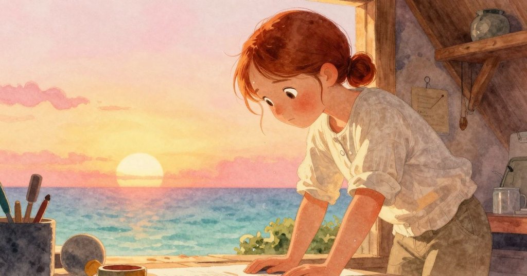 落日餘暉中，薩莉亞在寧靜工作室內熟練傾斜網框，最終柔薄的紙面映出細微波動，凱伊靜靜守候旁邊